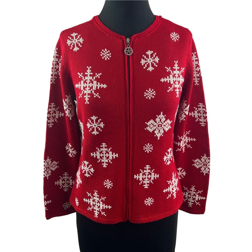 Petite Sophisticate Red White Cardigan Sweater Knit Snowflake Full Zip Small S